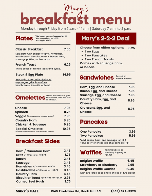 Menu – Mary’s Cafe